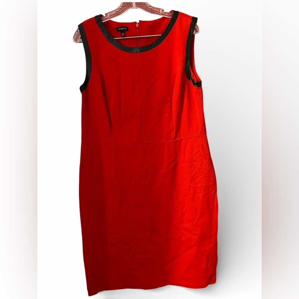 Talbots Red and Black Faux Leather Trim Stretch Career Office Dress 14